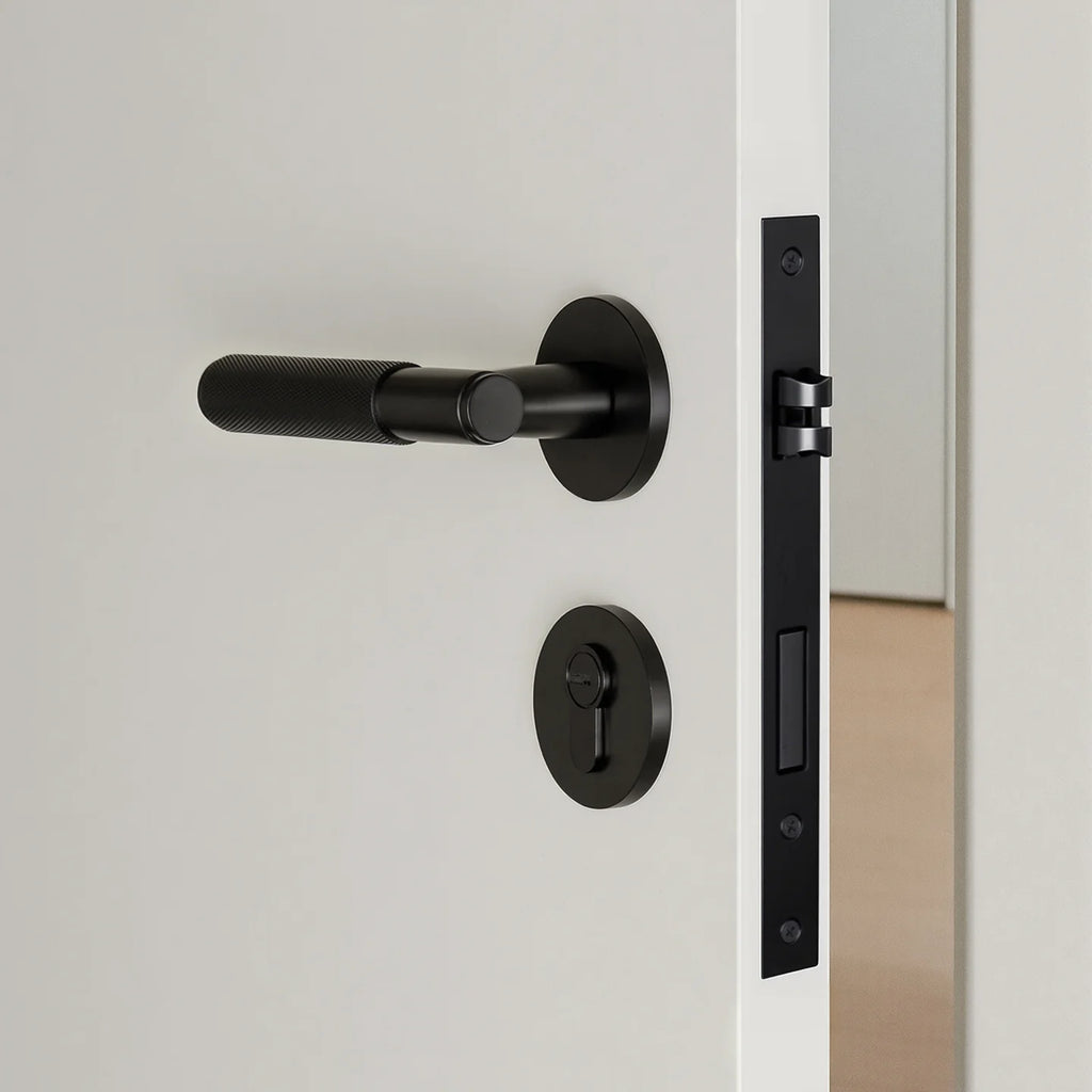 DOOROOM Brass Door Lock Set Modern Knurled Matte Black Interior Door Lock Decorative Lock Privacy Lock Passage Lock