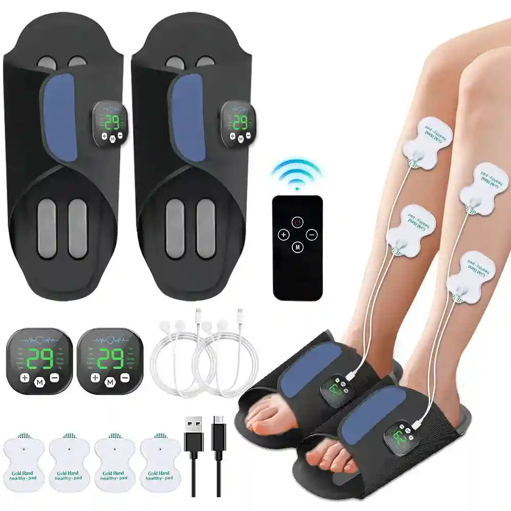EMS foot massager slippers with digital display, remote control, and electrode pads for muscle stimulation and relief.