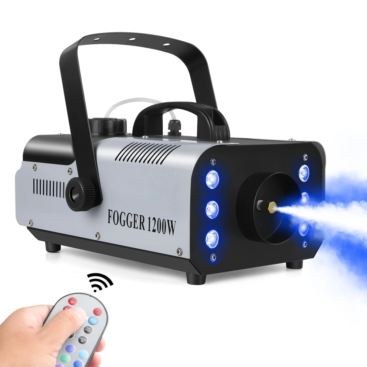 1200W fog machine with glowing LED lights and wireless remote control, spraying smoke