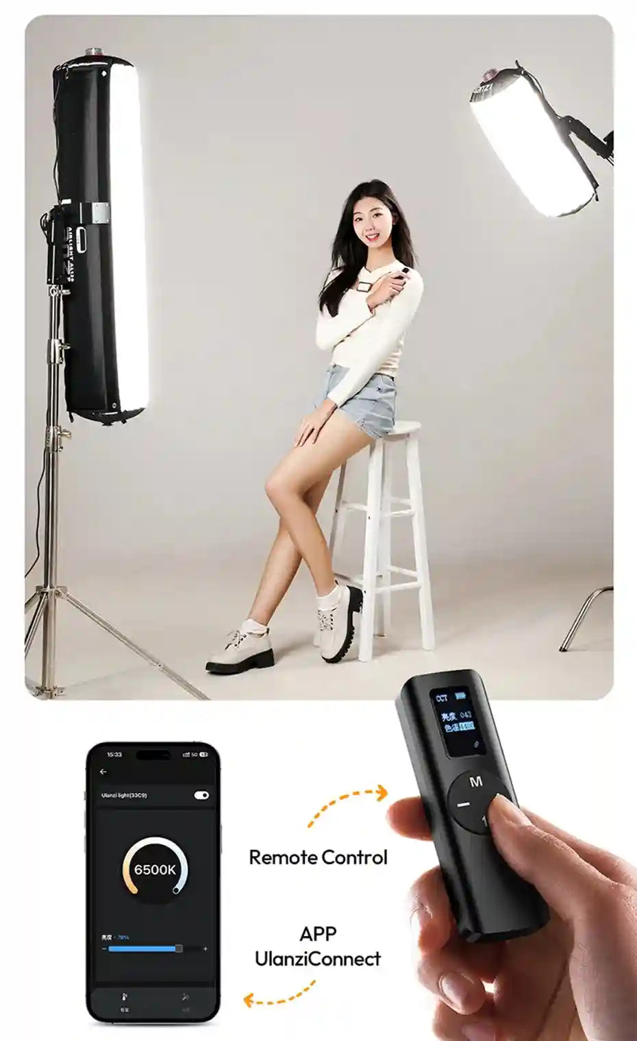 LED softbox lights on stands with a hand-held remote and app interface for wireless brightness and color control.