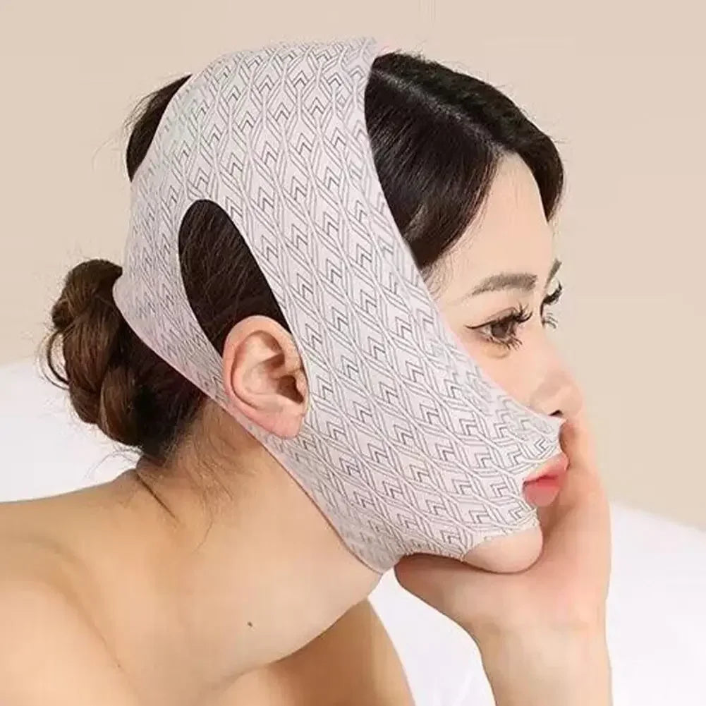 Woman wearing a beige V-line lifting mask with a geometric pattern, secured over the ears and around the chin.