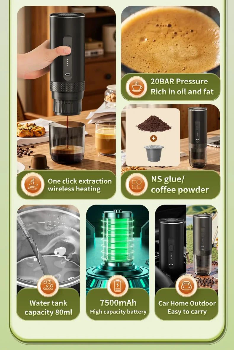 Black portable electric espresso maker with 80ml tank, 20bar pressure, and 7500mAh battery for travel.
