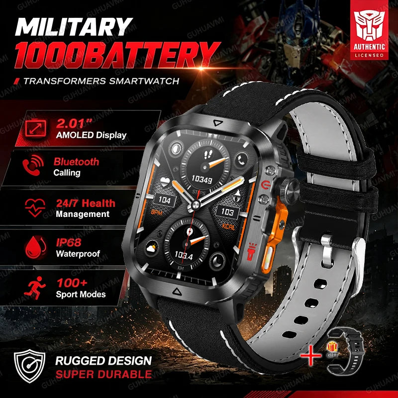 Black rugged men’s smartwatch with dark face and black leather-style strap