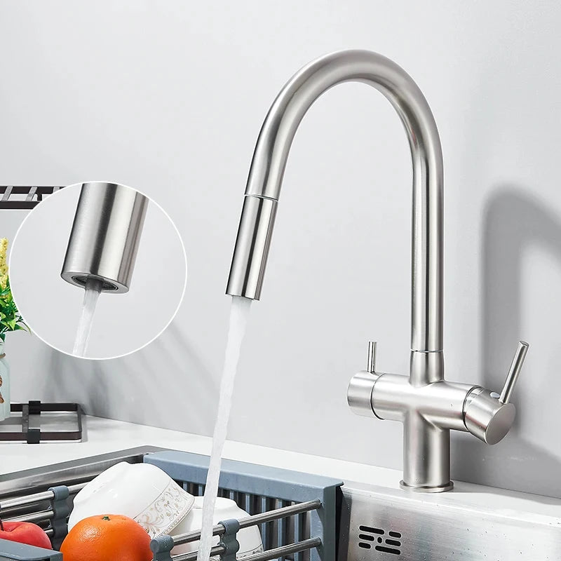 Filter Water Kitchen Faucet Pull Out Sprayer Head Deck Mounted Taps 360 Rotate Hot/Cold Water Mixers Dual Handle