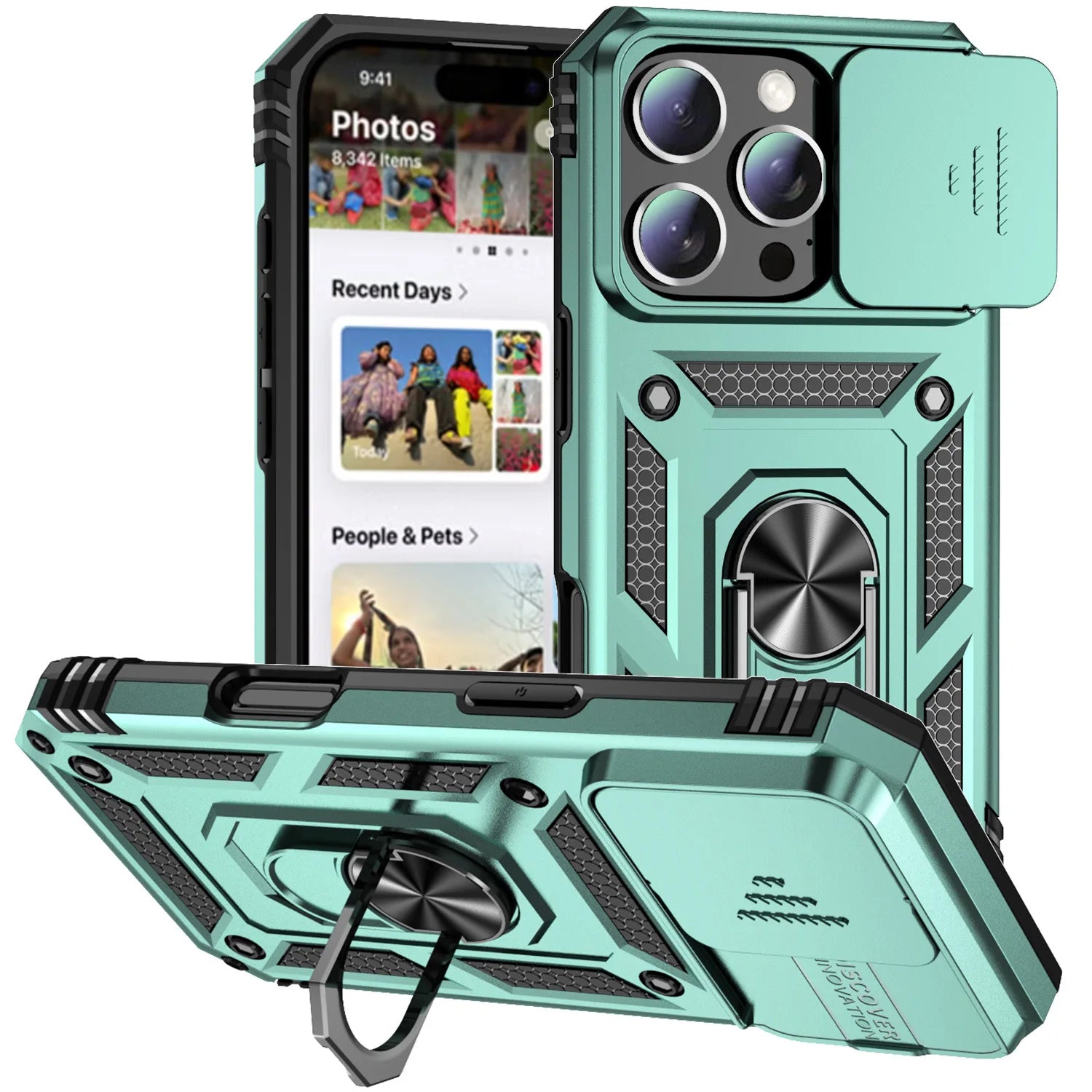 iPhone 16 Pro Max Case with Ring Stand and Lens Cover - Tidesmit Green Tidesmit