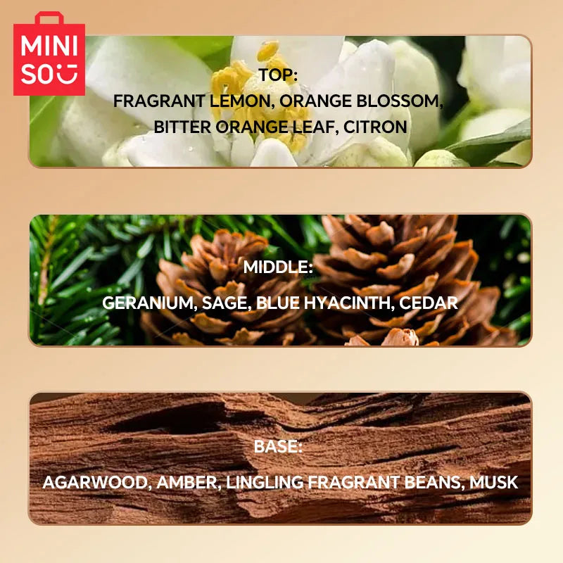 MINISO Noble Gold EDP for men: woody luxury fragrance with lemon, cedar, and agarwood notes in a 100ml spray bottle.