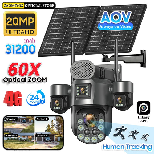 Black PTZ solar security camera with dual solar panels and four-lens cluster