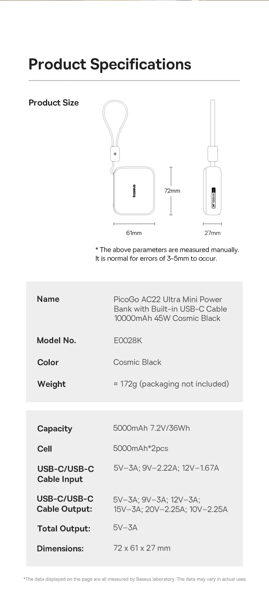 Tidesmit 10000mAh Fast Charging Power Bank with Built-in USB-C Cable Tidesmit