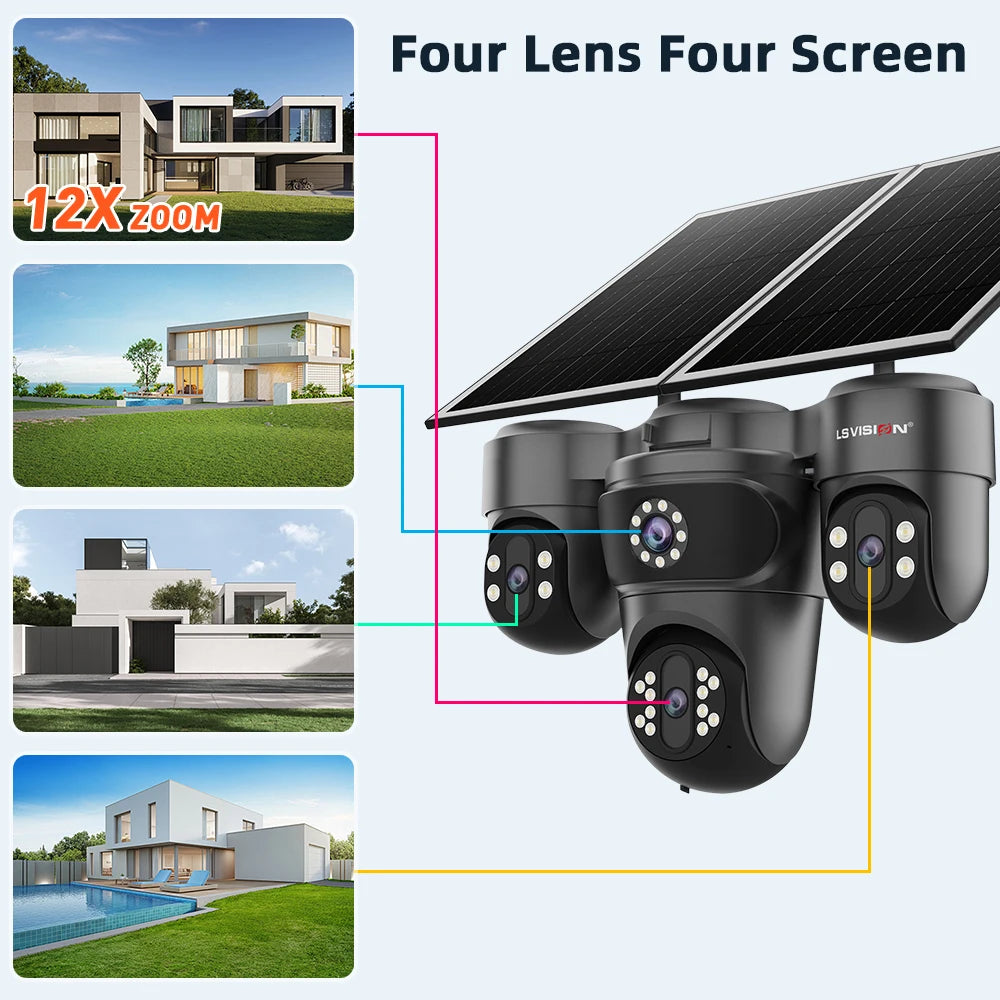 LS VISION 20MP 4 Screen 4G AOV  Solar Camera 12X Zoom 3 PTZ 360° 24/7 Video Recording  AI Humanoid Auto Tracking CCTV IP Camera