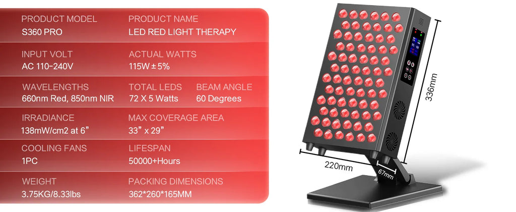 S360 Pro LED red light therapy panel for face and body, 660nm and 850nm NIR, with digital display and adjustable stand.