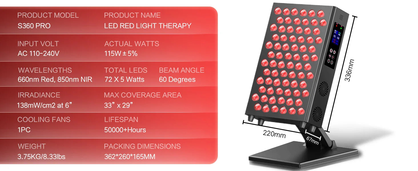 S360 Pro LED red light therapy panel for face and body, 660nm and 850nm NIR, with digital display and adjustable stand.
