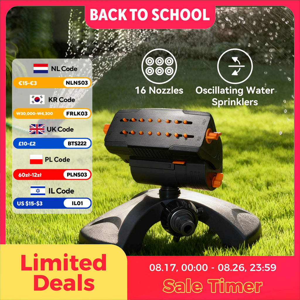 Oscillating water sprinkler with black base and orange controls, 16 nozzle head