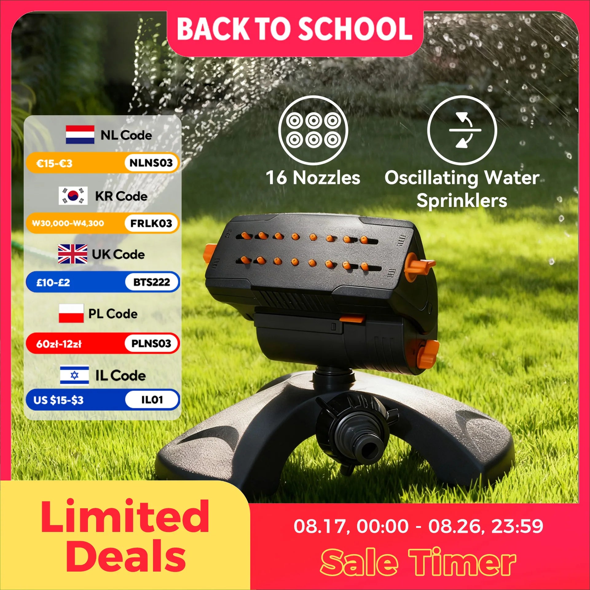 Oscillating water sprinkler with black base and orange controls, 16 nozzle head