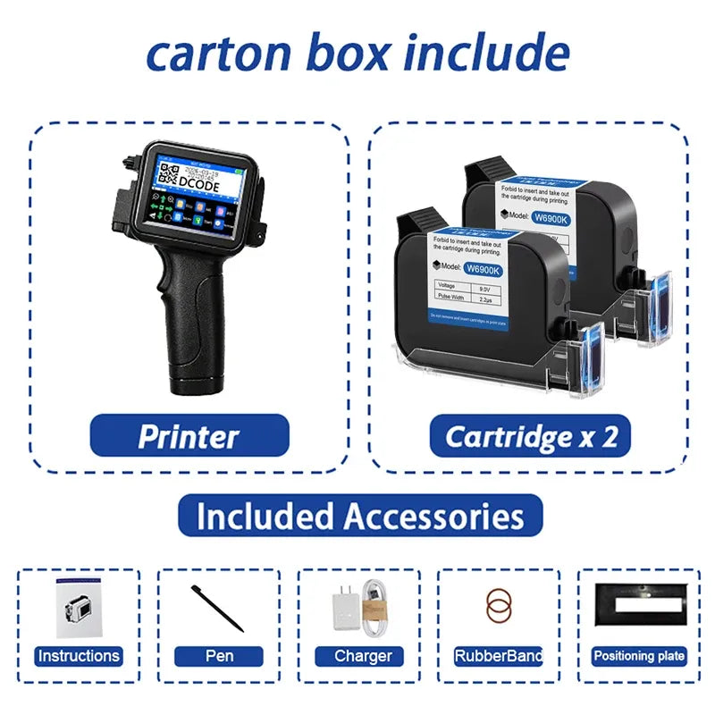 Portable handheld inkjet printer with backlit display screen and ergonomic grip