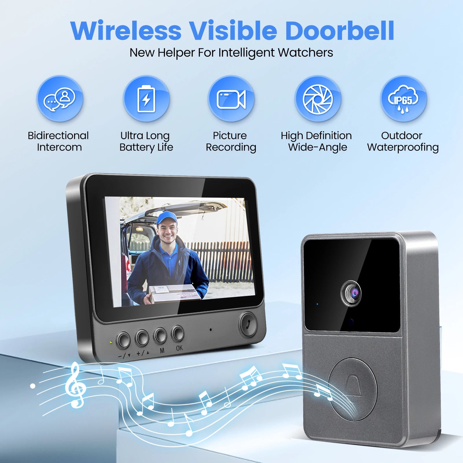 4.3 Inch Doorbell with Camera, Video Doorbell Radio IP65 Waterproof Door Intercom 170° Viewing Angle, Night Vision, 6 Ringtones