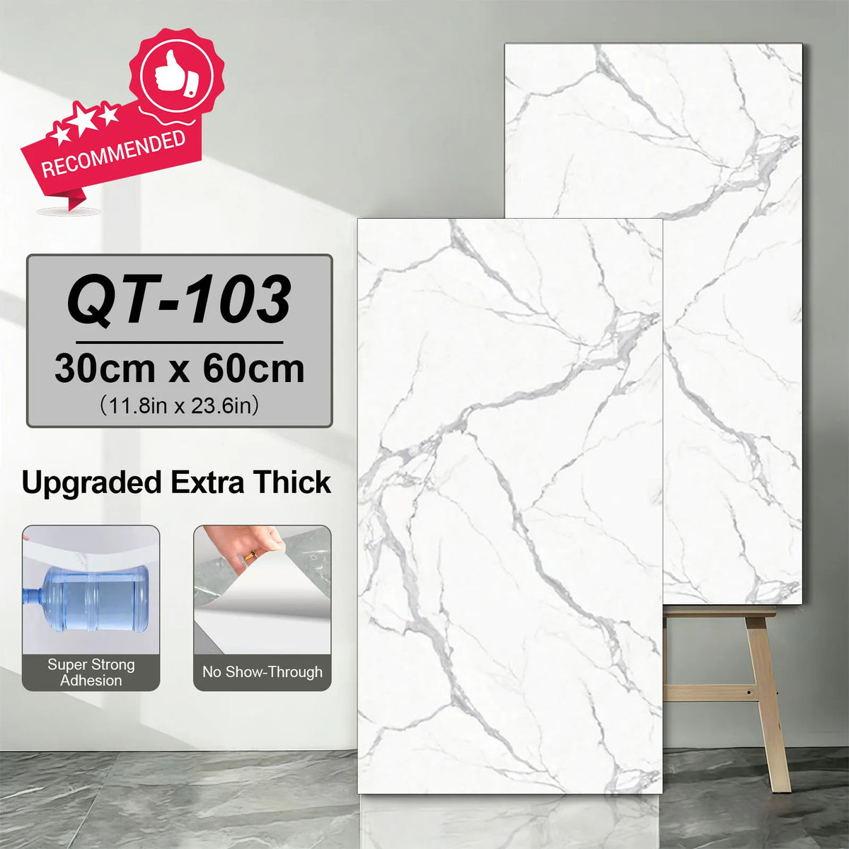 White marble-look self-adhesive vinyl floor tile stickers with grey veining, 30x60 cm.