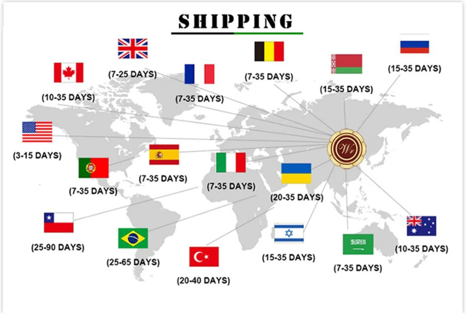 World map showing estimated shipping delivery times to various countries marked by their national flags.