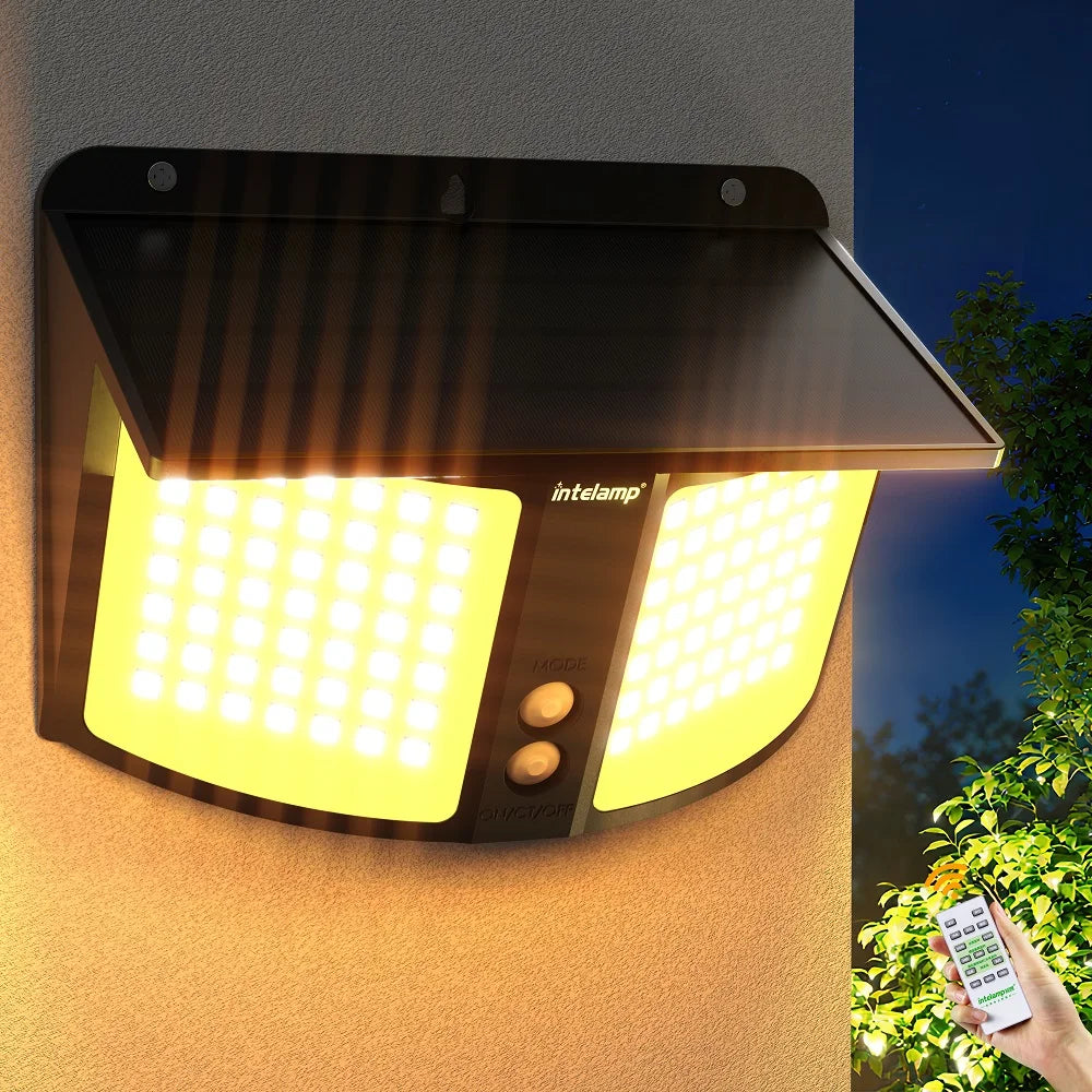 Intelamp 4000Mah Outdoor Solar Light 196 Led Security Flood Light with Remote Dual Motion Sensor 3 Color Modes 3000K/6500K Ip65 Waterproof Wall Light for Porch Garden Yard Garage Fence