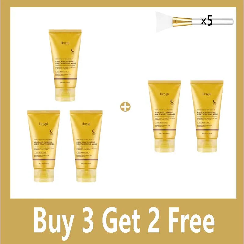 Hovgi Turmeric Kojic Acid Peel Off Mask, anti-wrinkle Korean skincare set with applicator brushes for night treatment.