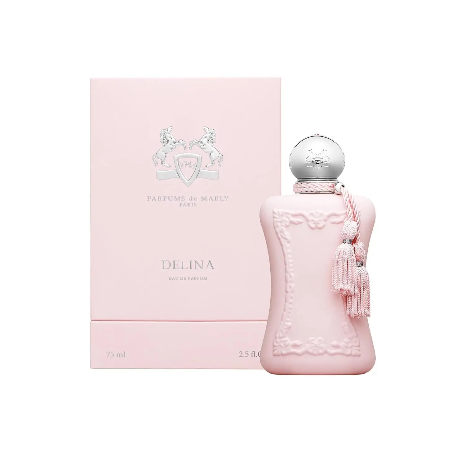 Parfums de Marly Delina EDP for women: Pink bottle, classic ornate design with tassels, floral luxury fragrance.