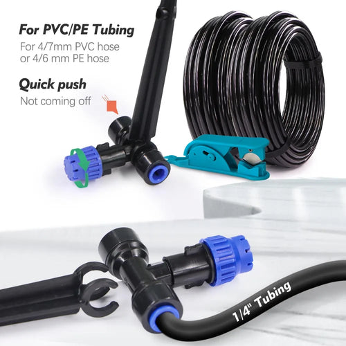 Irrigation watering kit connectors with blue quick-push fittings and coiled black tubing