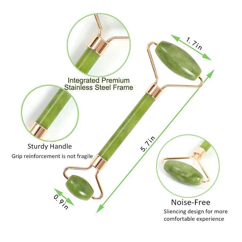 Green jade facial roller with a gold-tone stainless steel frame, showing labeled dimensions and construction details.