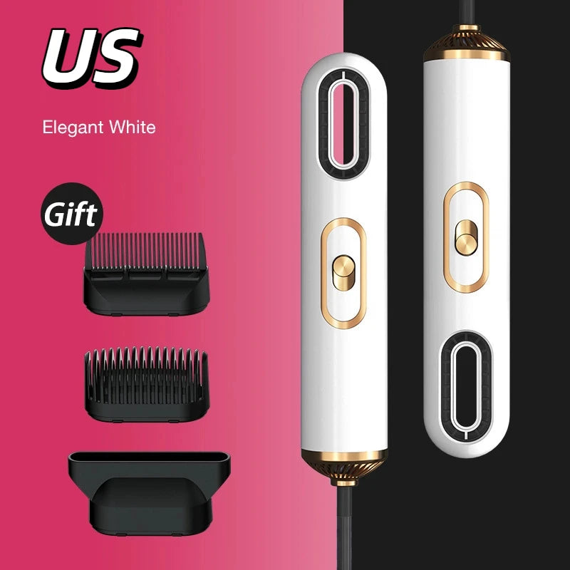 White high-speed ionic hair dryer with gold accents, three styling attachments, and professional powerful airflow.