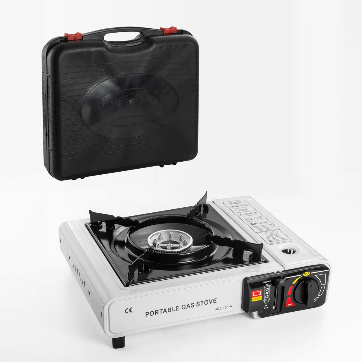 Portable cartridge gas stove with single burner, silver base, black control knob and case