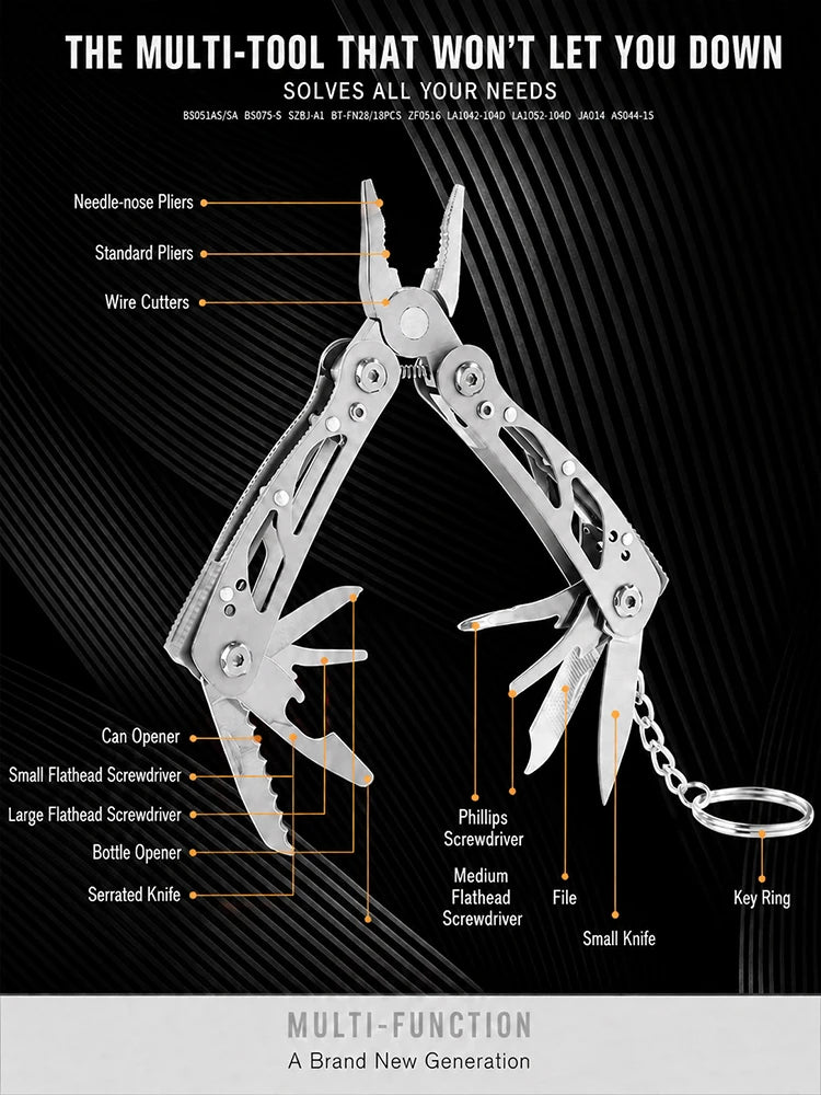 All-Steel Multi-Function Pliers Tool Foldable Pocket Keychain Knife Set with Bottle Opener Screwdriver for Outdoor Hiking