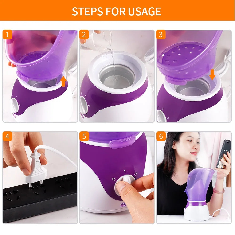 How to use purple and white home facial steamer for skin moisturizing, pore cleaning, and spa treatment.