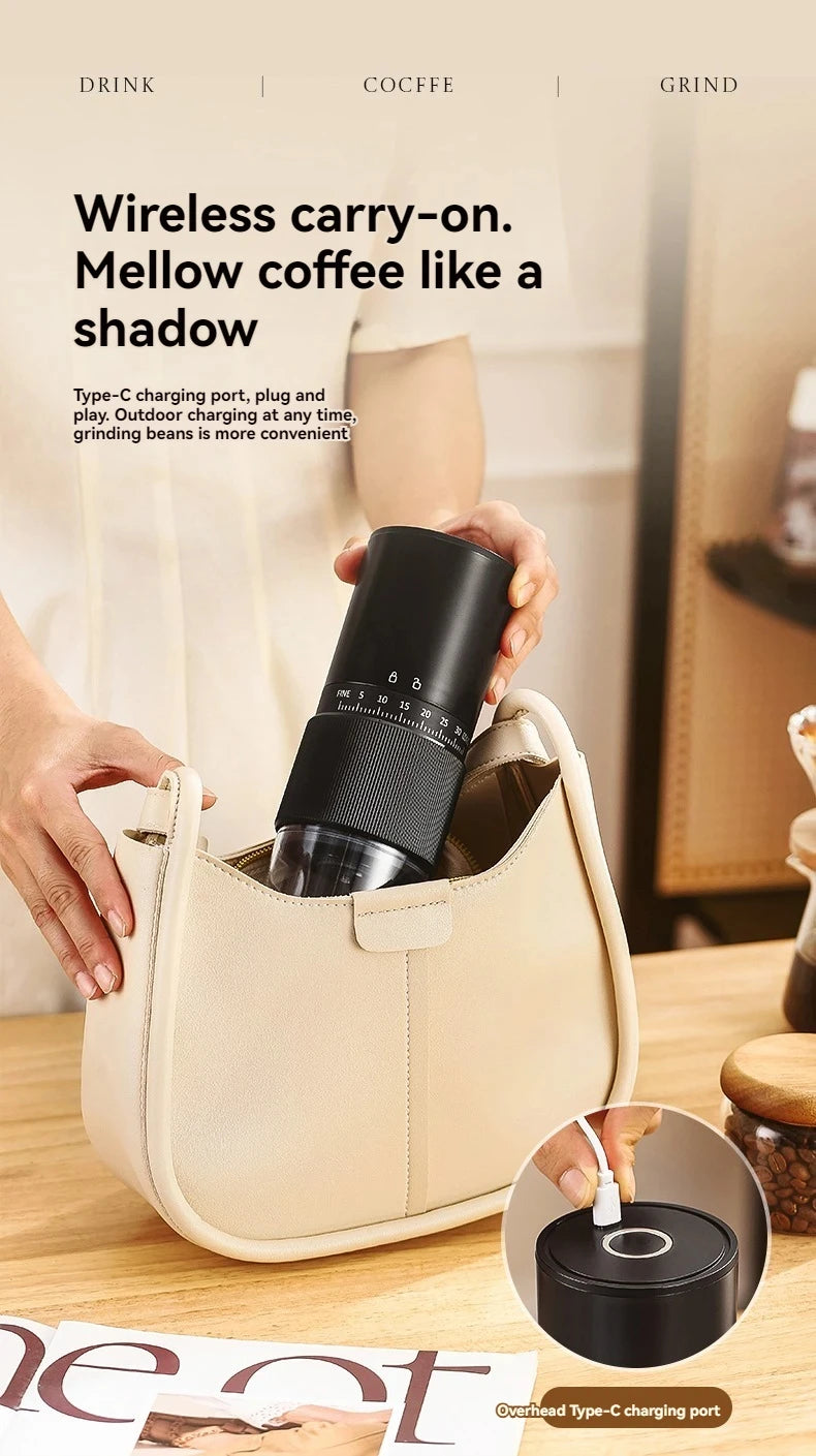 Portable black wireless electric coffee grinder with adjustable grind settings and Type-C charging port inside a bag.