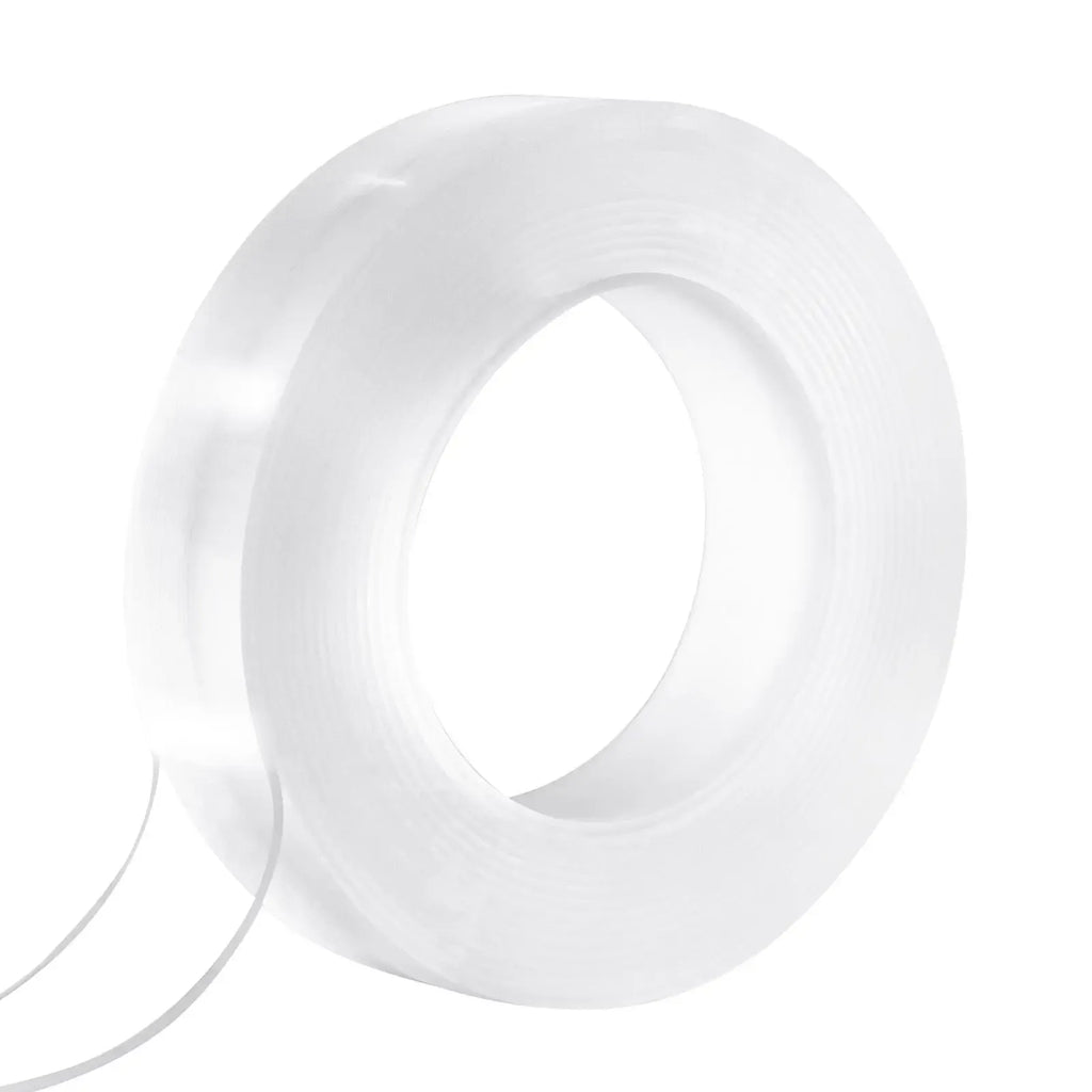 Clear double-sided tape roll with wound strip tail for easy application