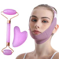 A purple V-shaped face mask, a dual-ended purple jade roller, and a heart-shaped gua sha tool for facial massage.