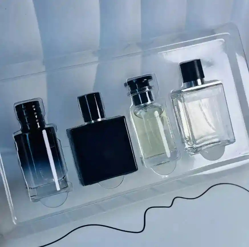 BOOS 4pcs Men’s Exquisite Gift Set: 4 luxury glass cologne bottles, long-lasting EDP fragrance, modern aesthetic.
