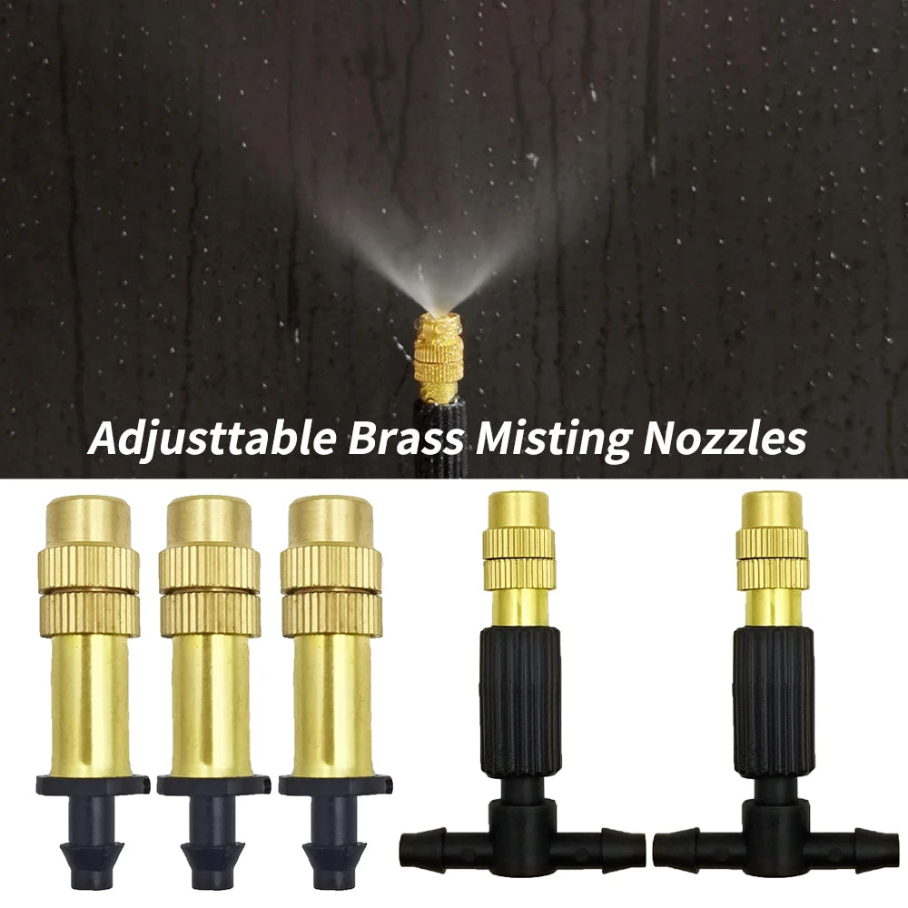 Adjustable brass misting nozzles with black tubing connectors for micro misting