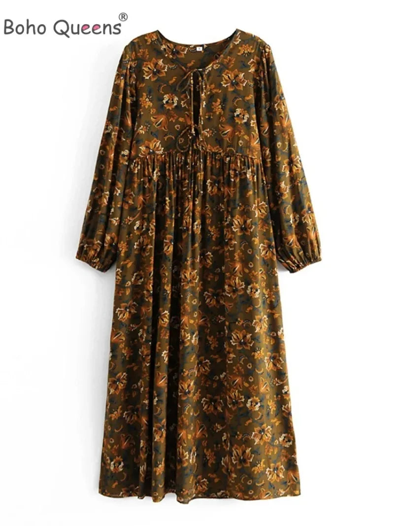 Boho Vintage women long sleeve ethnic Floral print beach Bohemian Maxi dress Ladies tie neck rayon cotton Summer sundress
