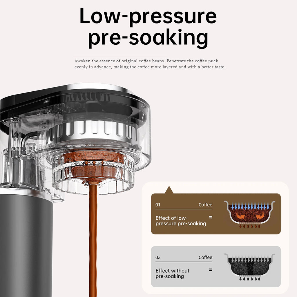 Espresso machine brewing with low-pressure pre-soaking feature. Black and silver design showing internal extraction.