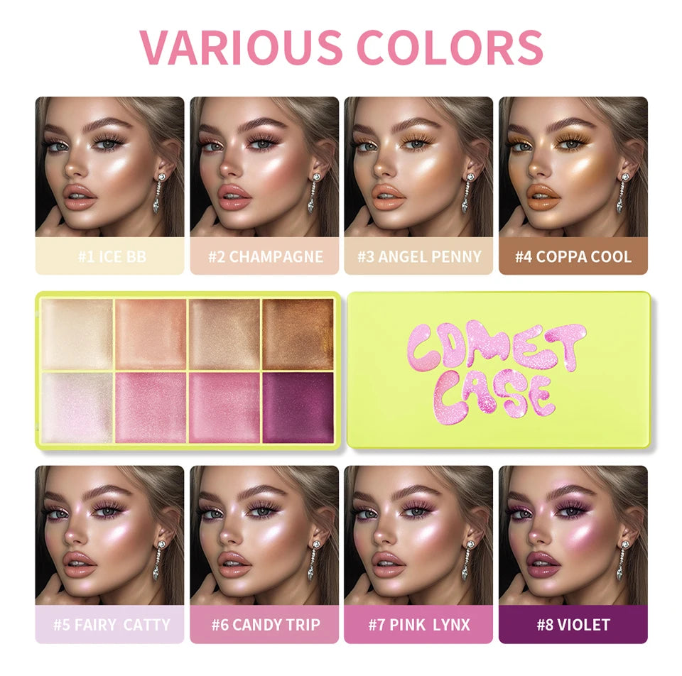 Tidesmit 8-color eyebrow cream highlighter palette with matte and shimmer shades for natural face makeup swatch
