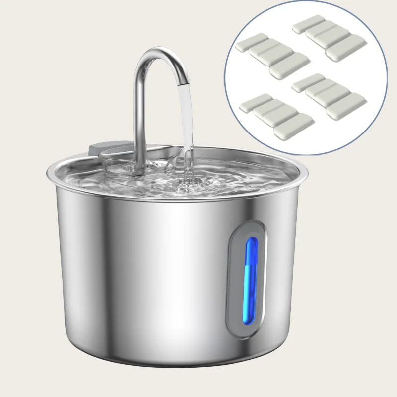 2.2L stainless steel automatic pet water fountain with filtration system for clean cat and dog drinking water.