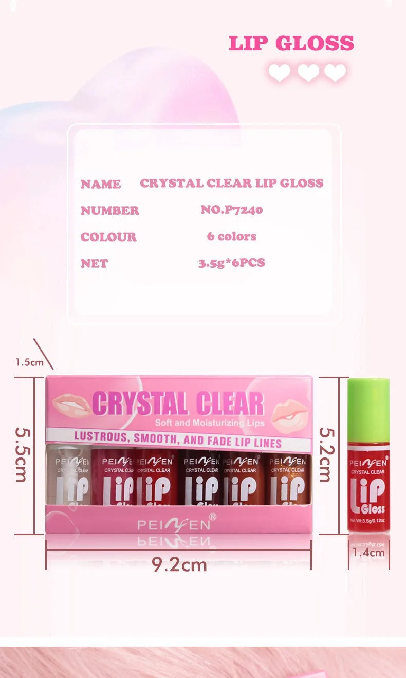 6-piece set of moisturizing, crystal clear lip glosses with a smooth, hydrating, and plumping formula in a pink box.