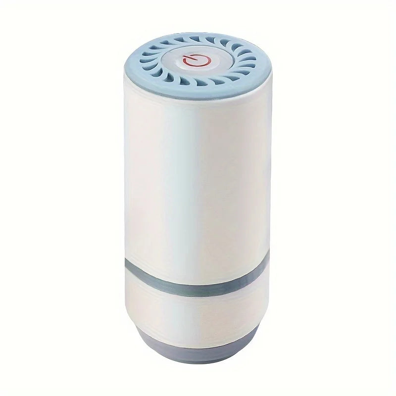 Handheld vacuum sealer device with white body and blue top