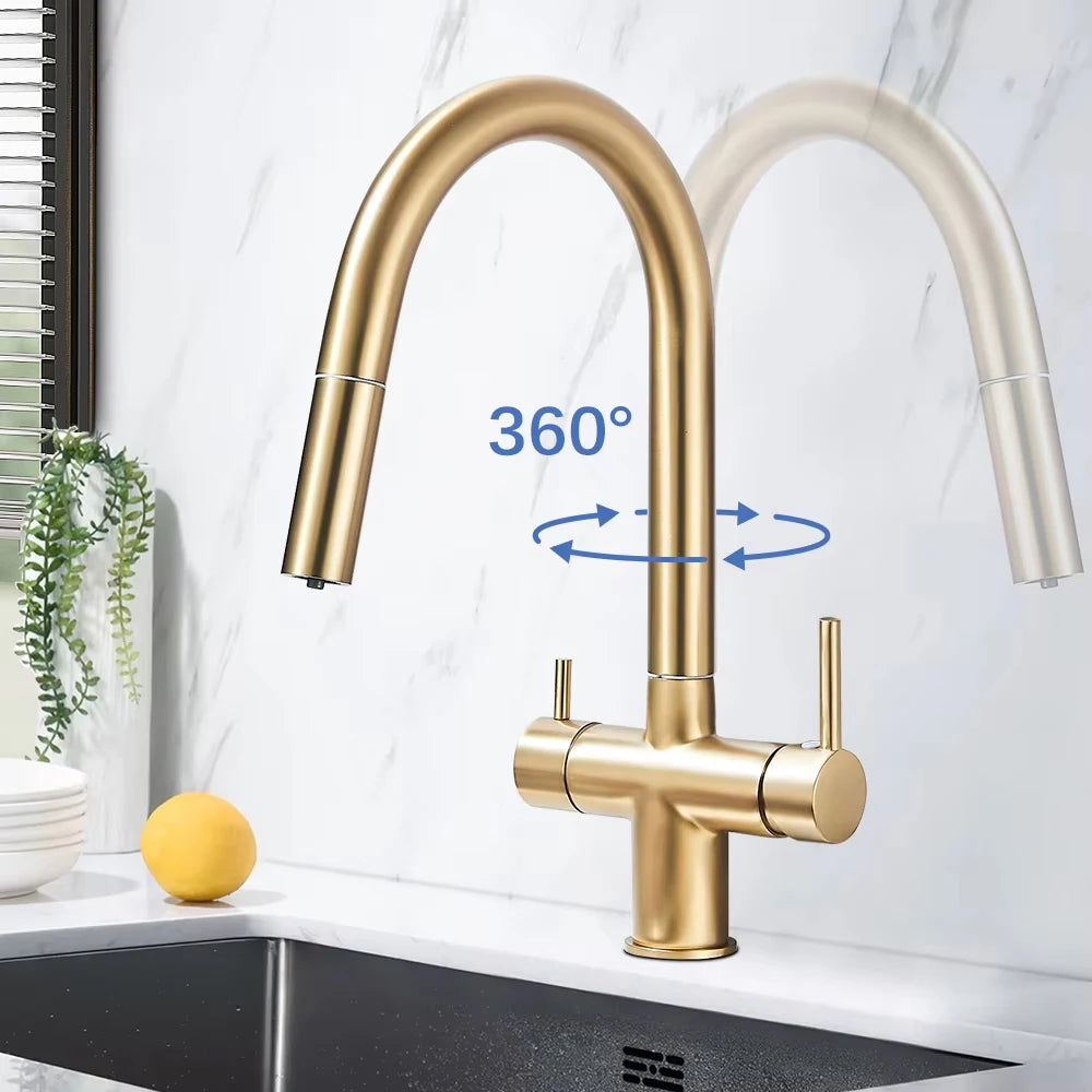 Filter Water Kitchen Faucet Pull Out Sprayer Head Deck Mounted Taps 360 Rotate Hot/Cold Water Mixers Dual Handle