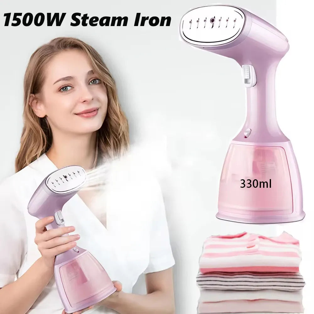 1500W steam iron garment steamer in pink, 330ml water tank, removing wrinkles from folded clothes.