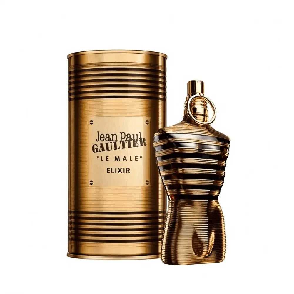 Jean Paul Gaultier Le Male Elixir men's parfum. Gold torso bottle and metal canister packaging. Iconic designer cologne.