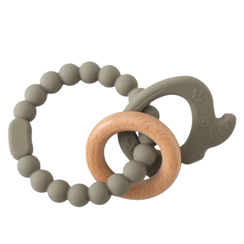 Olive green silicone and natural wood baby teething ring toy for infant teething relief.