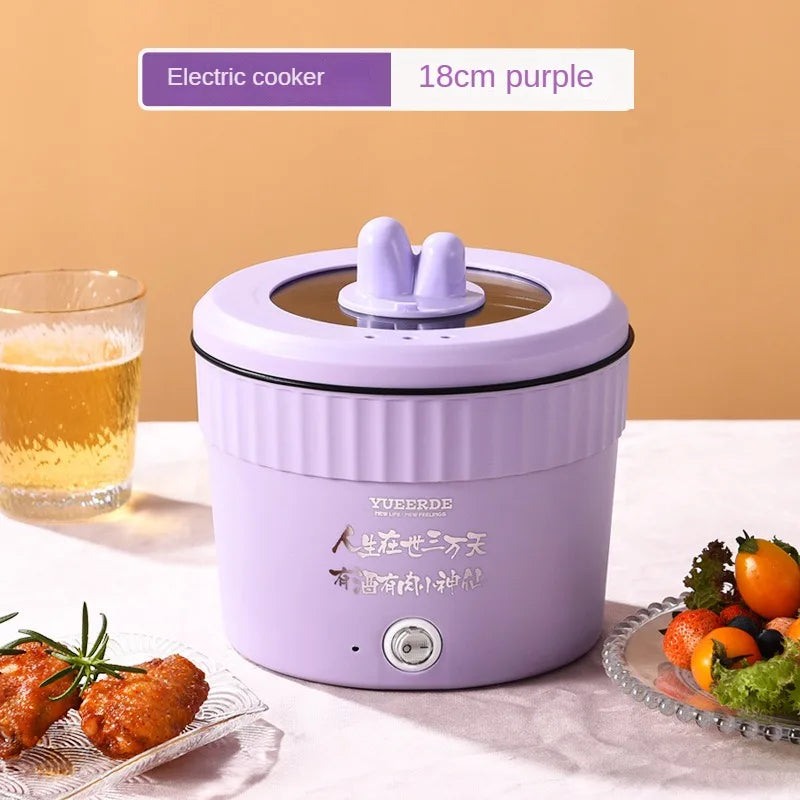 Mini electric non-stick noodles cooker, purple portable hot pot with lid and control dial
