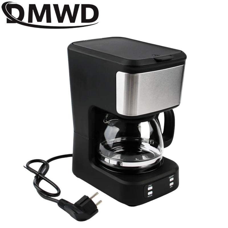 MWD black and silver electric drip coffee maker with glass carafe and digital control buttons on white background.