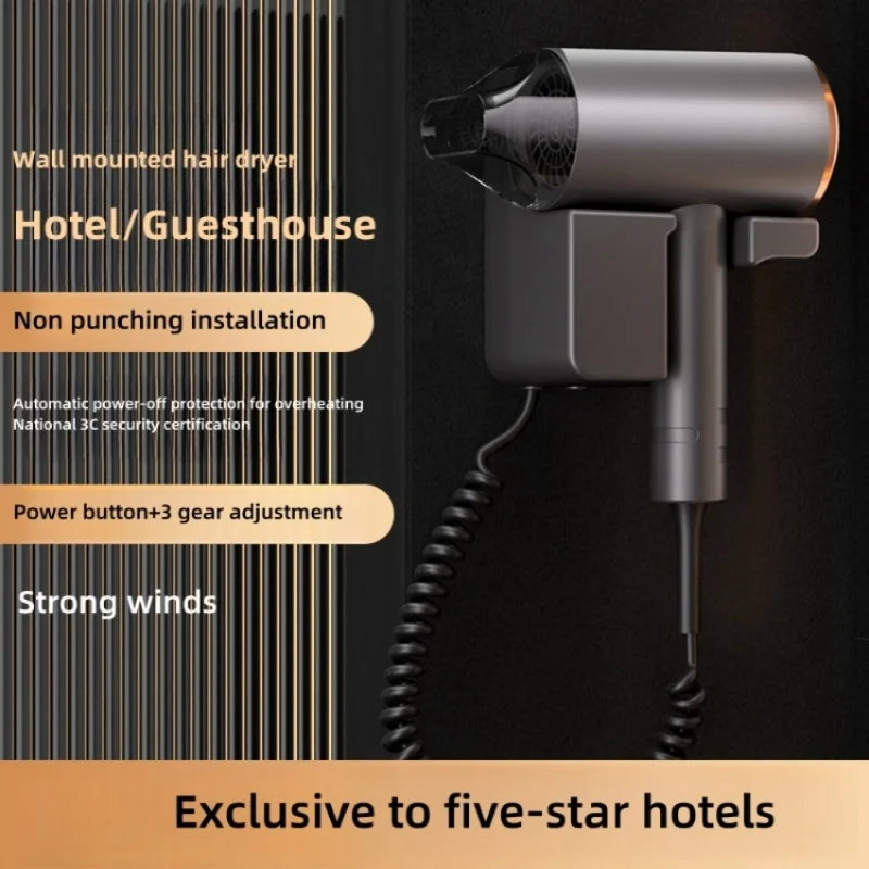Grey 1600W wall-mounted hair dryer with nozzle, drill-free mount, coil cord, and 3-speed settings for hotel use.
