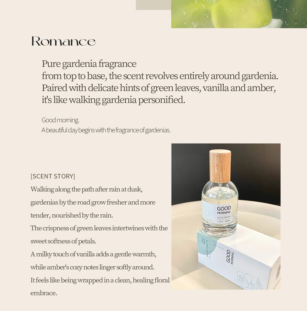 Glass perfume bottle with wooden cap and white label on a clean box, showcasing a fresh, elegant gardenia scent.
