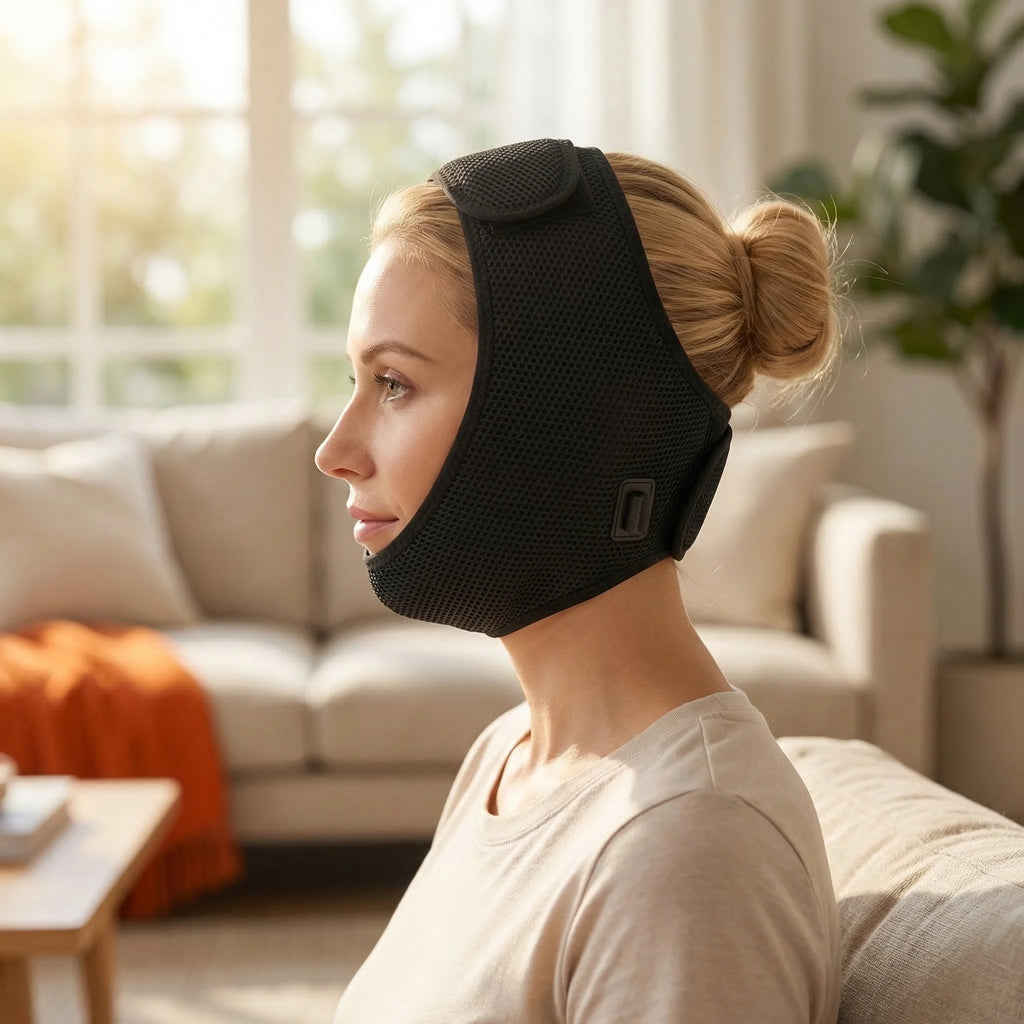 A woman wears a black, mesh-textured electric heating wrap designed for jaw and chin relief.